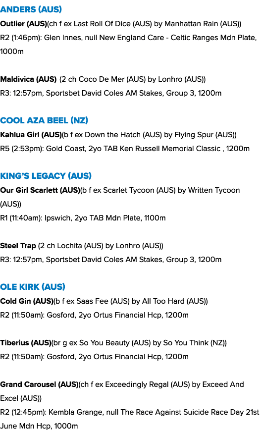 Anders (AUS) Outlier (AUS)(ch f ex Last Roll Of Dice (AUS) by Manhattan Rain (AUS)) R2 (1:46pm): Glen Innes, null New...
