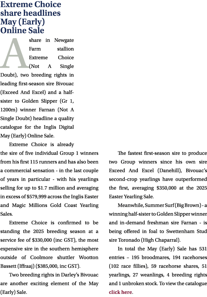 Extreme Choice share headlines May (Early) Online Sale A share in Newgate Farm stallion Extreme Choice (Not A Single ...