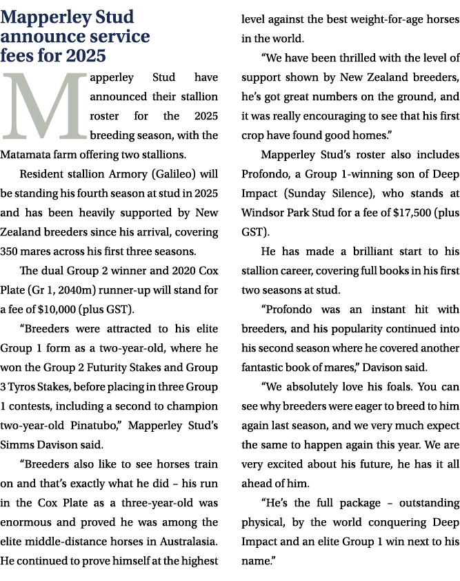 Mapperley Stud announce service fees for 2025 Mapperley Stud have announced their stallion roster for the 2025 breedi...