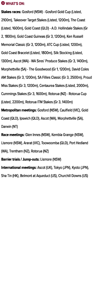 ￼ What's on: Stakes races: Gosford (NSW) Gosford Gold Cup (Listed, 2100m), Takeover Target Stakes (Listed, 1200m), Th...