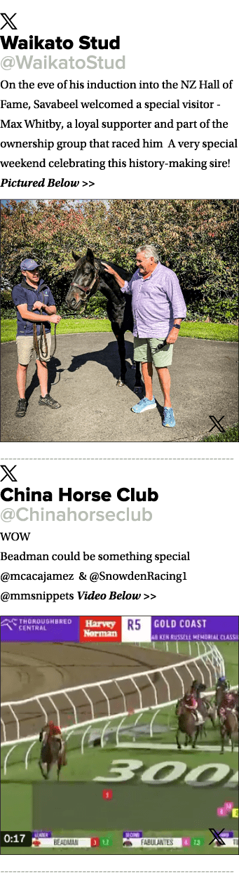 ￼ Waikato Stud @WaikatoStud On the eve of his induction into the NZ Hall of Fame, Savabeel welcomed a special visitor...