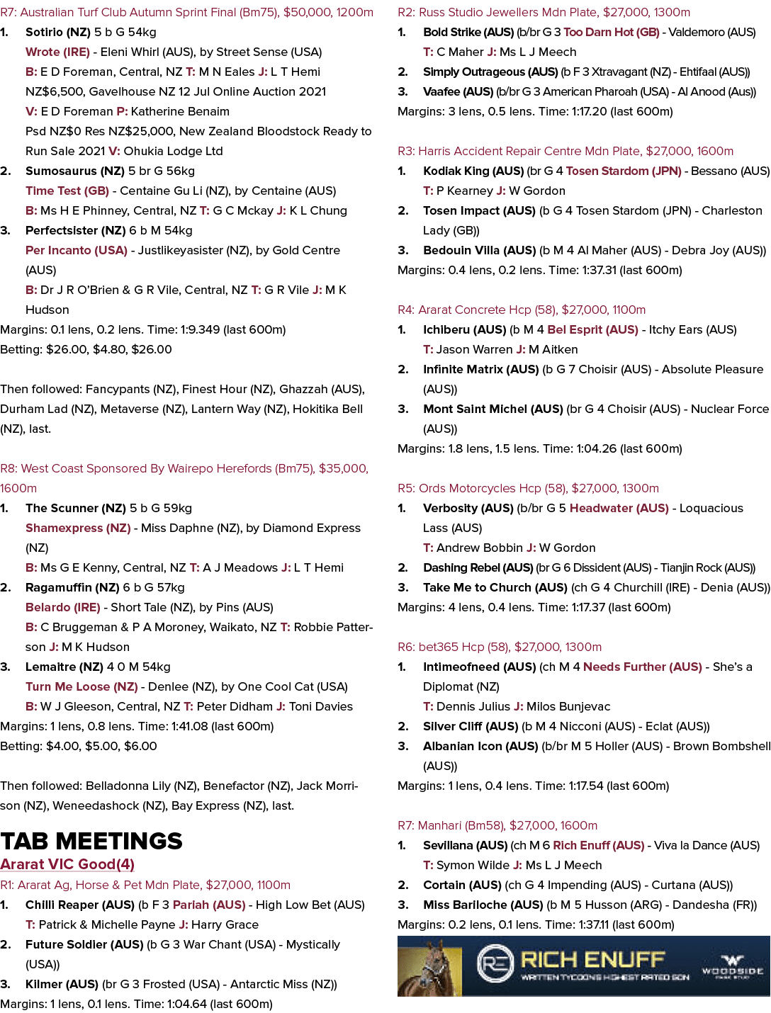 R7: Australian Turf Club Autumn Sprint Final (Bm75), $50,000, 1200m 1. Sotirio (NZ) 5 b G 54kg Wrote (IRE) Eleni Whir...