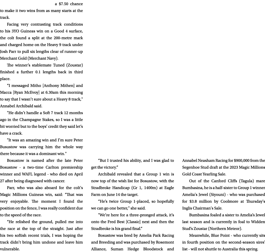 a $7.50 chance to make it two wins from as many starts at the track. Facing very contrasting track conditions to his ...