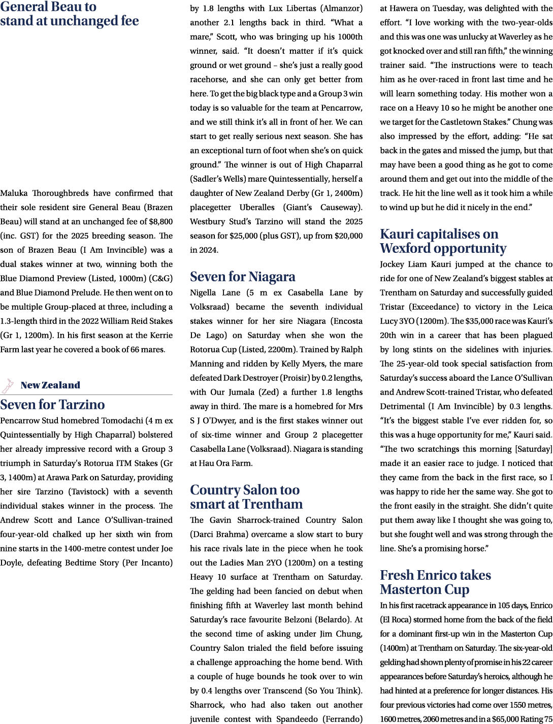 General Beau to stand at unchanged fee Maluka Thoroughbreds have confirmed that their sole resident sire General Beau...