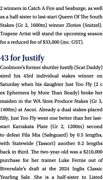 2 winners in Catch A Fire and Seaburge, as well as a half sister to last start Queen Of The South Stakes (Gr 2, 1600m...