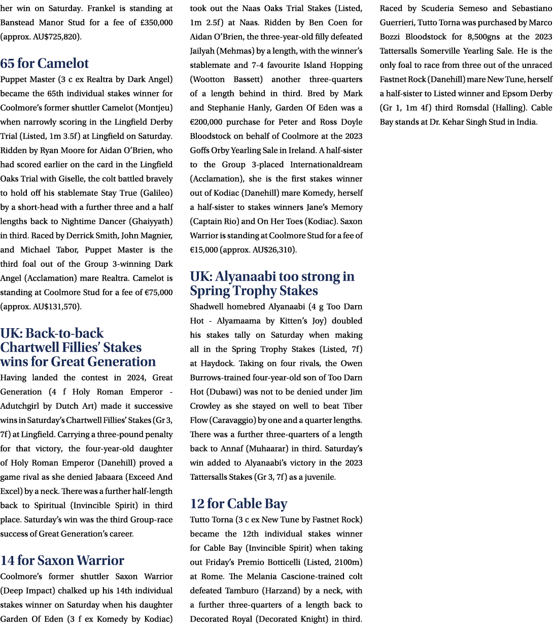 her win on Saturday. Frankel is standing at Banstead Manor Stud for a fee of £350,000 (approx. AU$725,820). 65 for Ca...
