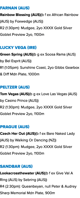 Farnan (AUS) Rainbow Blessing (AUS)(b f ex African Rainbow (AUS) by Foxwedge (AUS)) R2 (1:30pm): Mudgee, 2yo XXXX Gol...