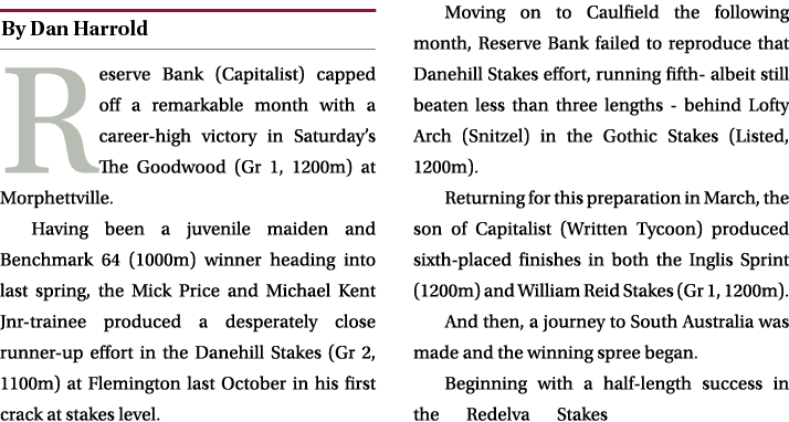 ￼ Reserve Bank (Capitalist) capped off a remarkable month with a career high victory in Saturday’s The Goodwood (Gr 1...