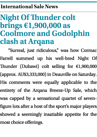  ￼ Night Of Thunder colt brings €1,900,000 as Coolmore and Godolphin clash at Arqana “Surreal, just ridiculous,” was ...
