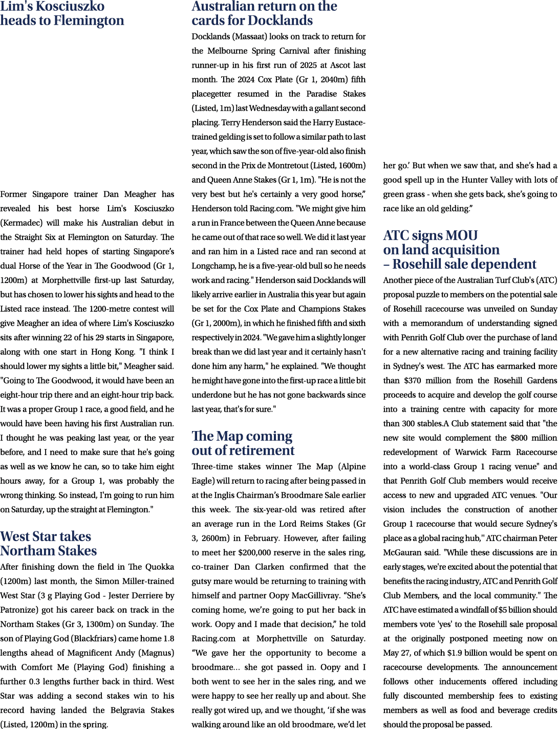 Lim's Kosciuszko heads to Flemington Former Singapore trainer Dan Meagher has revealed his best horse Lim's Kosciuszk...