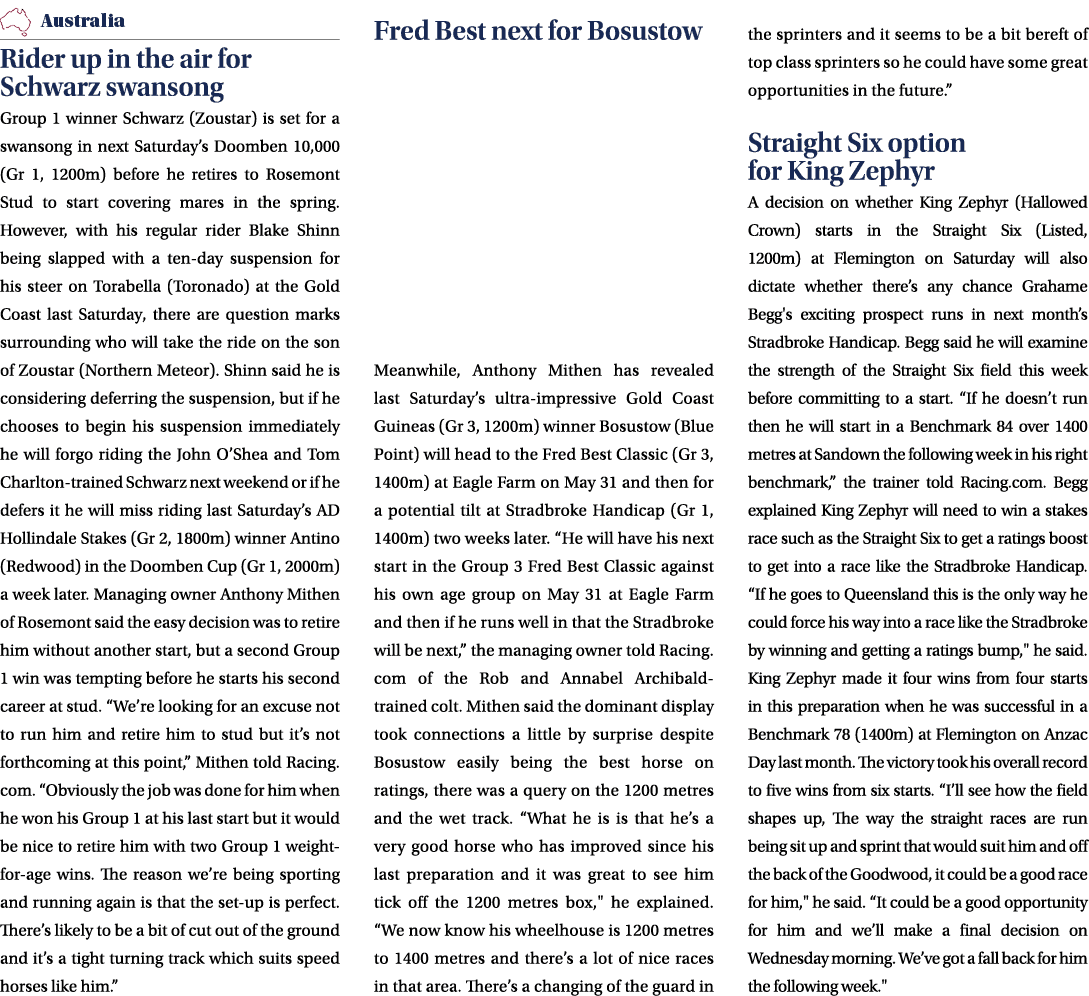 ￼ Rider up in the air for Schwarz swansong Group 1 winner Schwarz (Zoustar) is set for a swansong in next Saturday’s ...