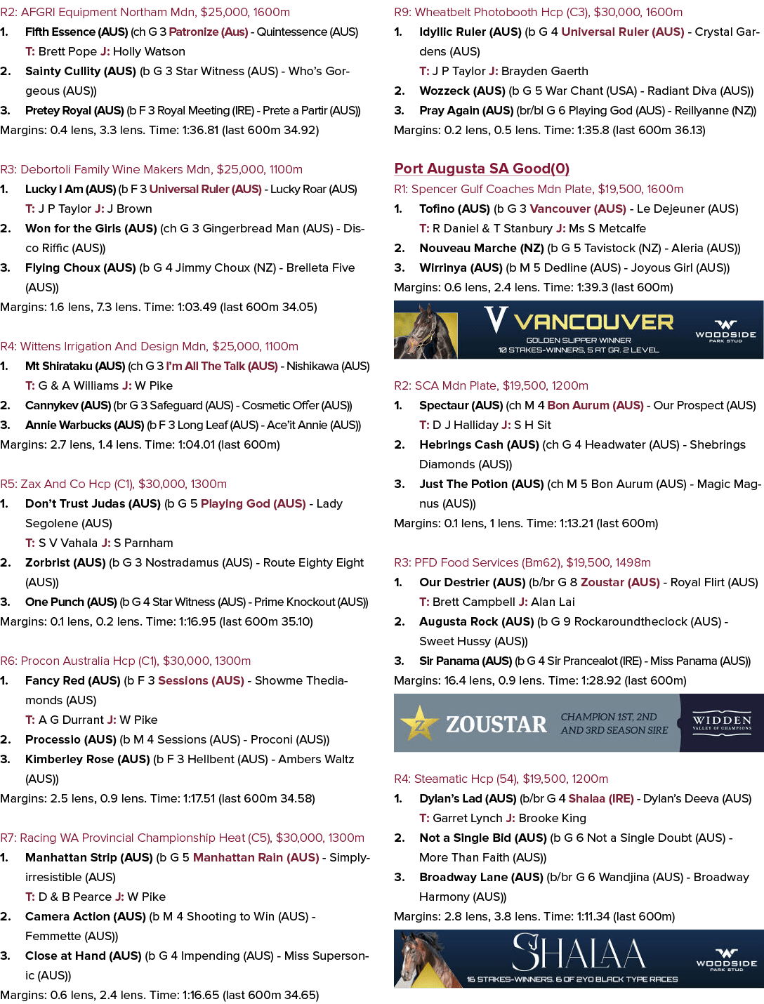 R2: AFGRI Equipment Northam Mdn, $25,000, 1600m 1. Fifth Essence (AUS) (ch G 3 Patronize (Aus) Quintessence (AUS) T: ...