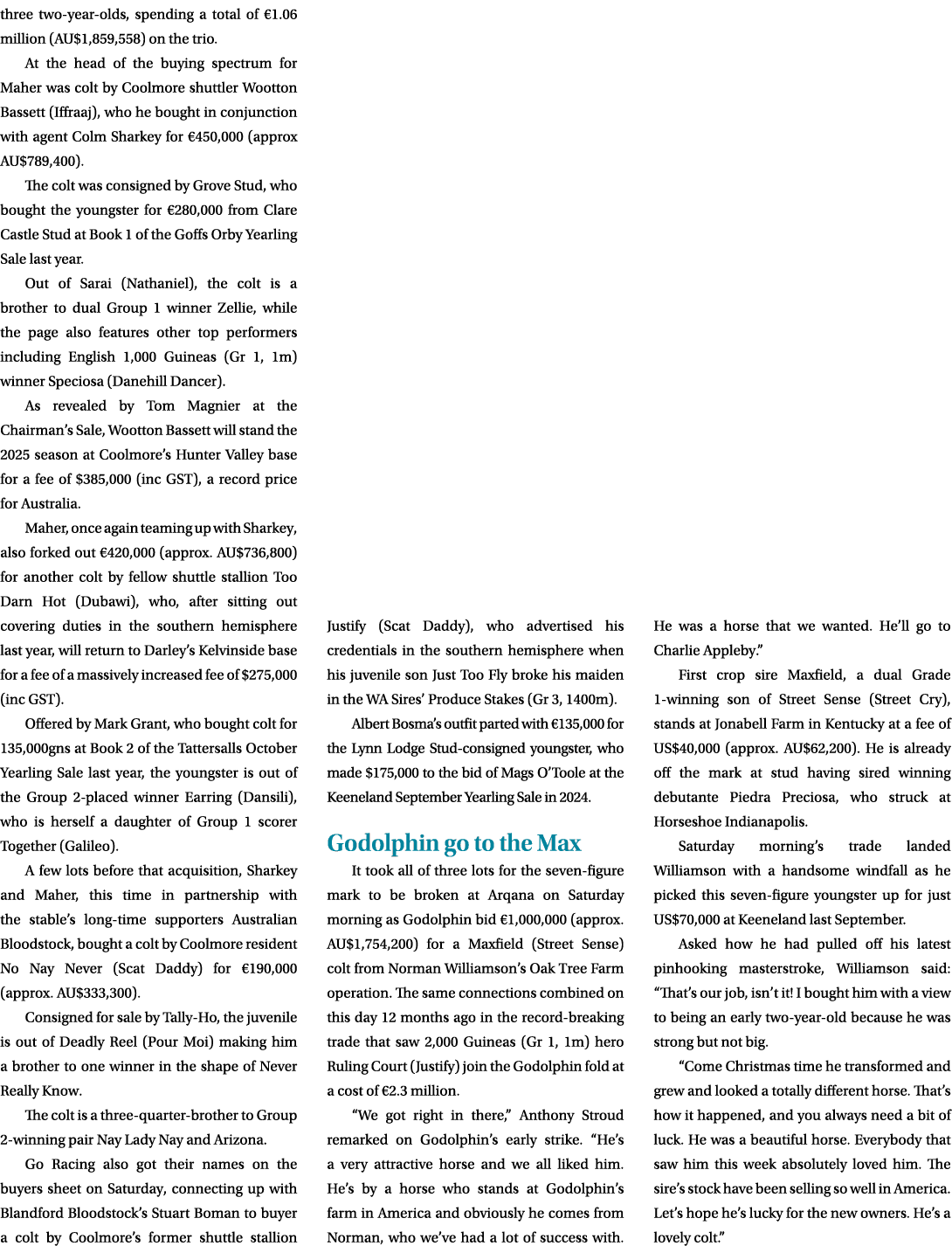 three two year olds, spending a total of €1.06 million (AU$1,859,558) on the trio. At the head of the buying spectrum...