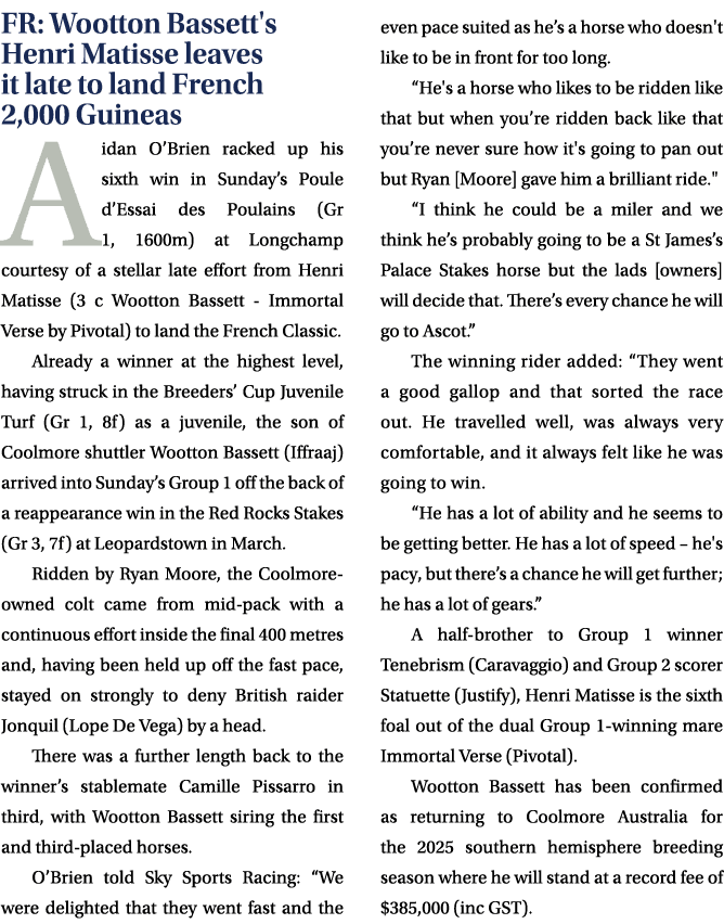 FR: Wootton Bassett's Henri Matisse leaves it late to land French 2,000 Guineas Aidan O’Brien racked up his sixth win...