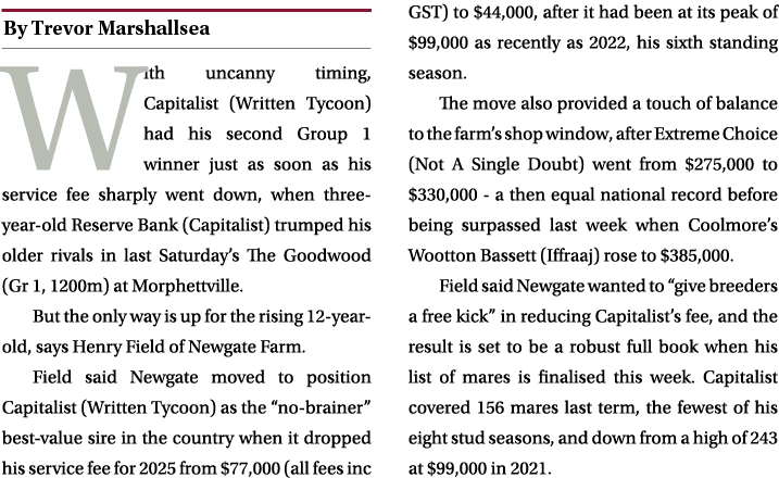 ￼ With uncanny timing, Capitalist (Written Tycoon) had his second Group 1 winner just as soon as his service fee shar...