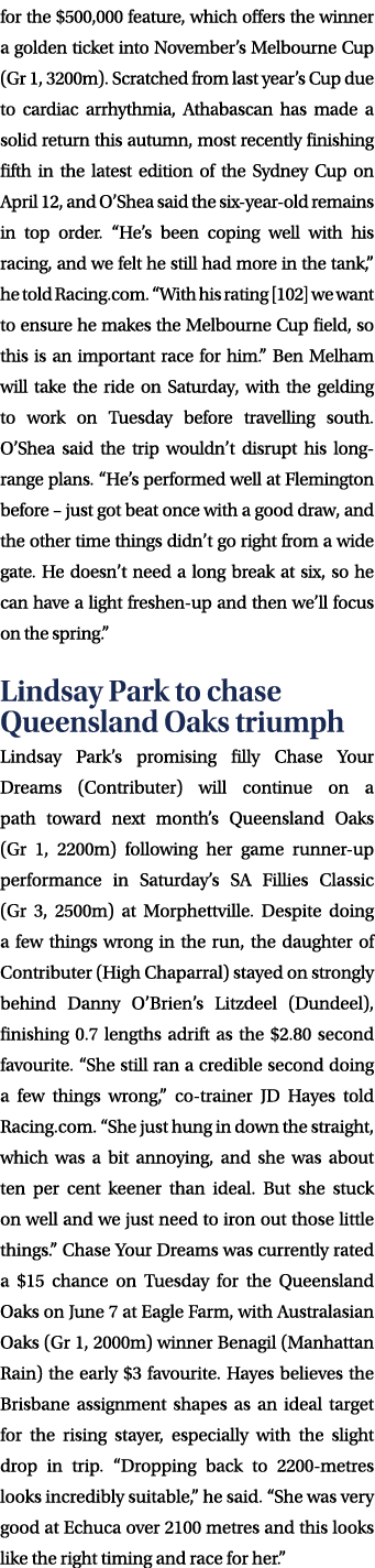 for the $500,000 feature, which offers the winner a golden ticket into November’s Melbourne Cup (Gr 1, 3200m). Scratc...