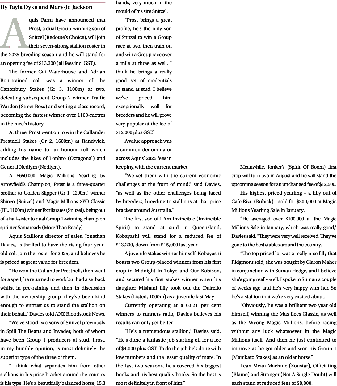 ￼ Aquis Farm have announced that Prost, a dual Group winning son of Snitzel (Redoute’s Choice), will join their seven...
