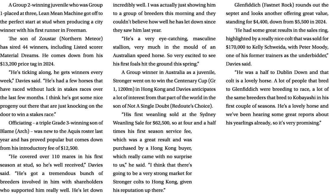 A Group 2 winning juvenile who was Group 1 placed at three, Lean Mean Machine got off to the perfect start at stud wh...