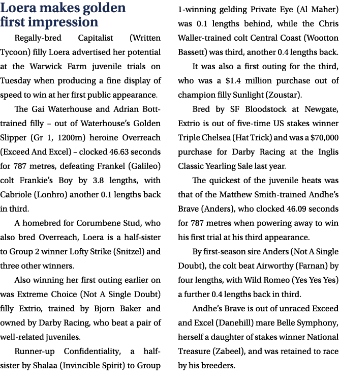 Loera makes golden first impression Regally bred Capitalist (Written Tycoon) filly Loera advertised her potential at ...