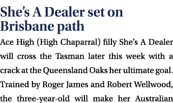 She’s A Dealer set on Brisbane path Ace High (High Chaparral) filly She’s A Dealer will cross the Tasman later this w...