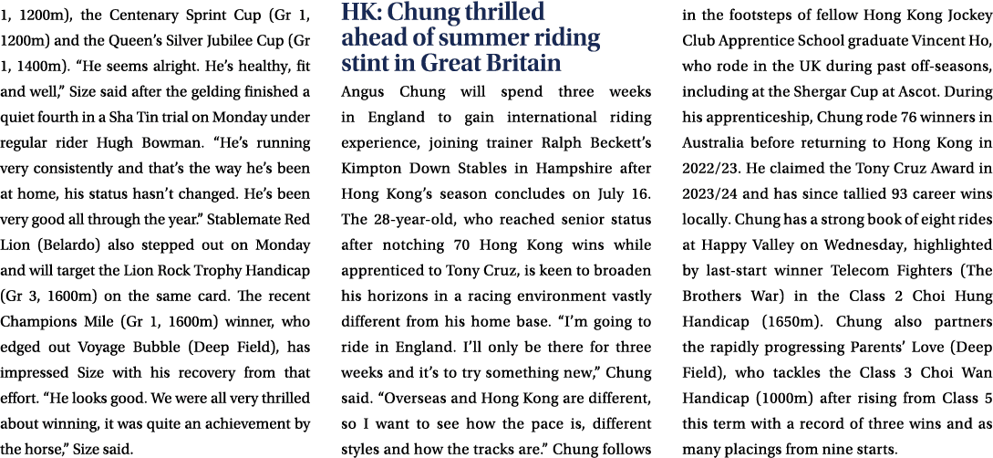 1, 1200m), the Centenary Sprint Cup (Gr 1, 1200m) and the Queen’s Silver Jubilee Cup (Gr 1, 1400m). “He seems alright...