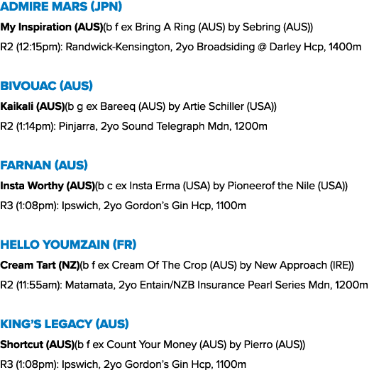 Admire Mars (JPN) My Inspiration (AUS)(b f ex Bring A Ring (AUS) by Sebring (AUS)) R2 (12:15pm): Randwick Kensington,...