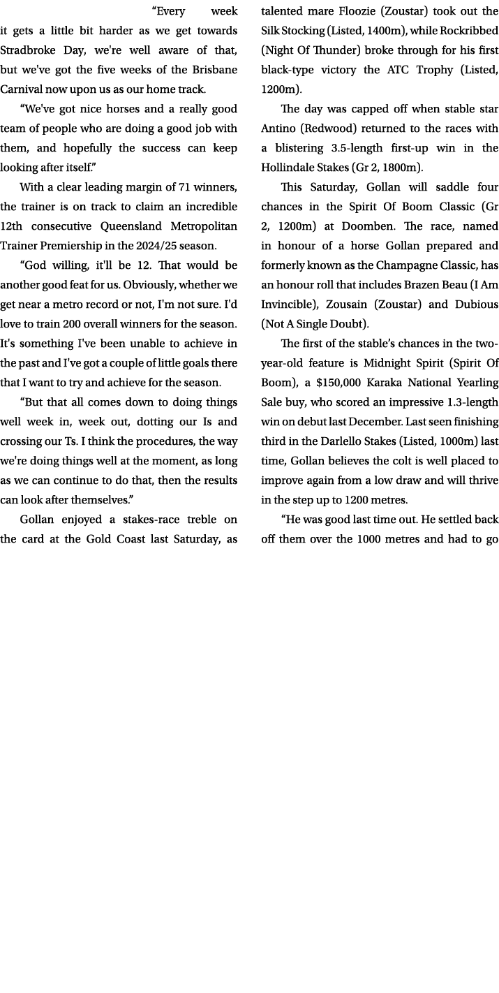 “Every week it gets a little bit harder as we get towards Stradbroke Day, we're well aware of that, but we've got the...