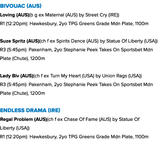 Bivouac (AUS) Loving (AUS)(b g ex Maternal (AUS) by Street Cry (IRE)) R1 (12:20pm): Hawkesbury, 2yo TPG Greens Grade ...