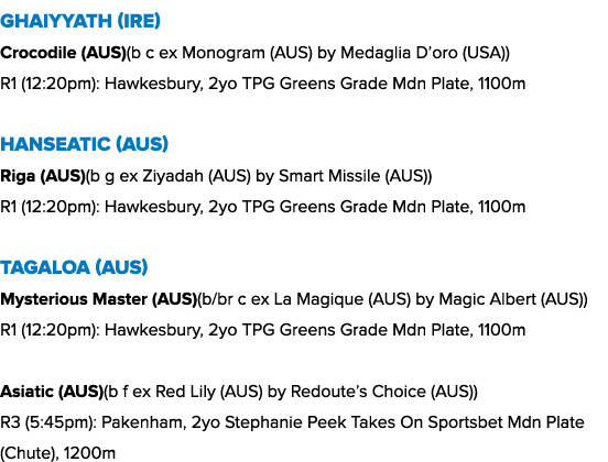Ghaiyyath (IRE) Crocodile (AUS)(b c ex Monogram (AUS) by Medaglia D’oro (USA)) R1 (12:20pm): Hawkesbury, 2yo TPG Gree...