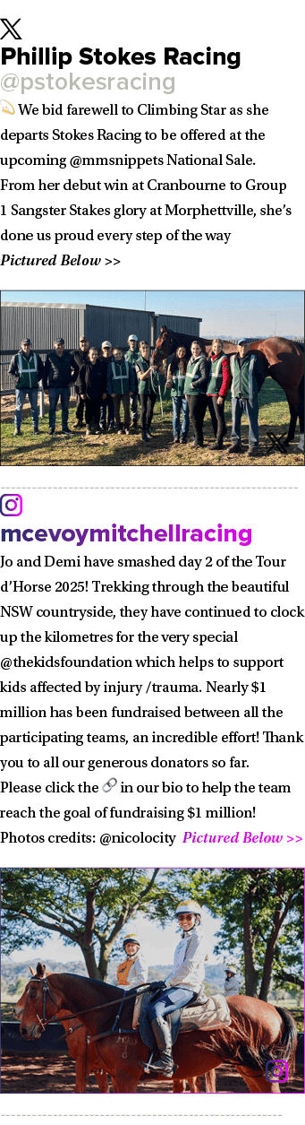 ￼ Phillip Stokes Racing @pstokesracing 💫 We bid farewell to Climbing Star as she departs Stokes Racing to be offered...