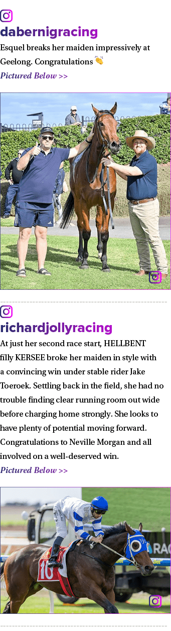 ￼ dabernigracing Esquel breaks her maiden impressively at Geelong. Congratulations 👏 Pictured Below   ￼ ￼ richardjo...