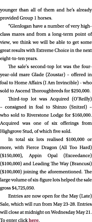 younger than all of them and he’s already provided Group 1 horses. “Glenlogan have a number of very high class mares ...