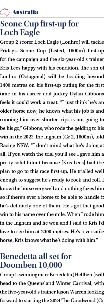 ￼ Scone Cup first up for Loch Eagle Group 2 scorer Loch Eagle (Lonhro) will tackle Friday's Scone Cup (Listed, 1600m)...