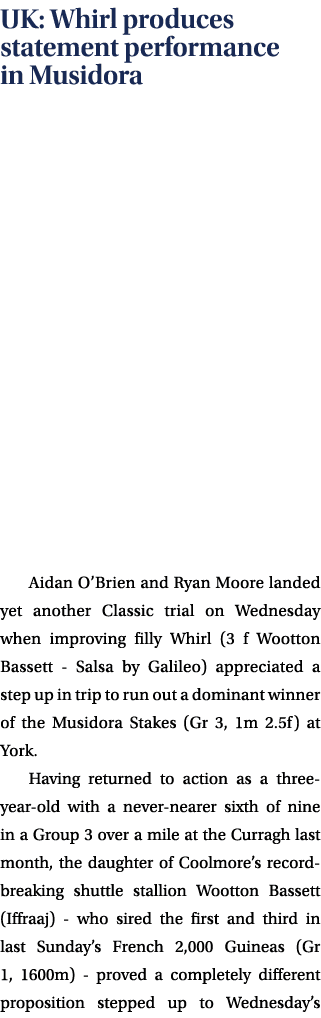 UK: Whirl produces statement performance in Musidora Aidan O’Brien and Ryan Moore landed yet another Classic trial on...