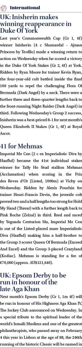 ￼ UK: Inisherin makes winning reappearance in Duke Of York Last year’s Commonwealth Cup (Gr 1, 6f) winner Inisherin (...