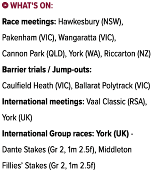 ￼ What's on: Race meetings: Hawkesbury (NSW), Pakenham (VIC), Wangaratta (VIC), Cannon Park (QLD), York (WA), Riccart...