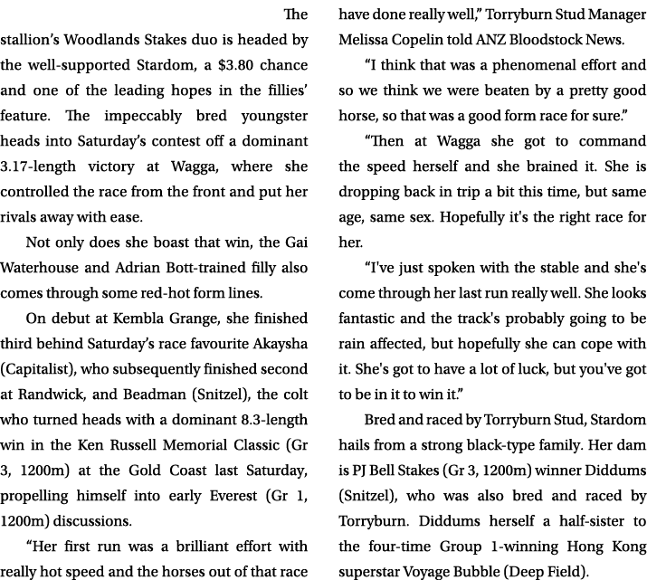  The stallion’s Woodlands Stakes duo is headed by the well supported Stardom, a $3.80 chance and one of the leading h...
