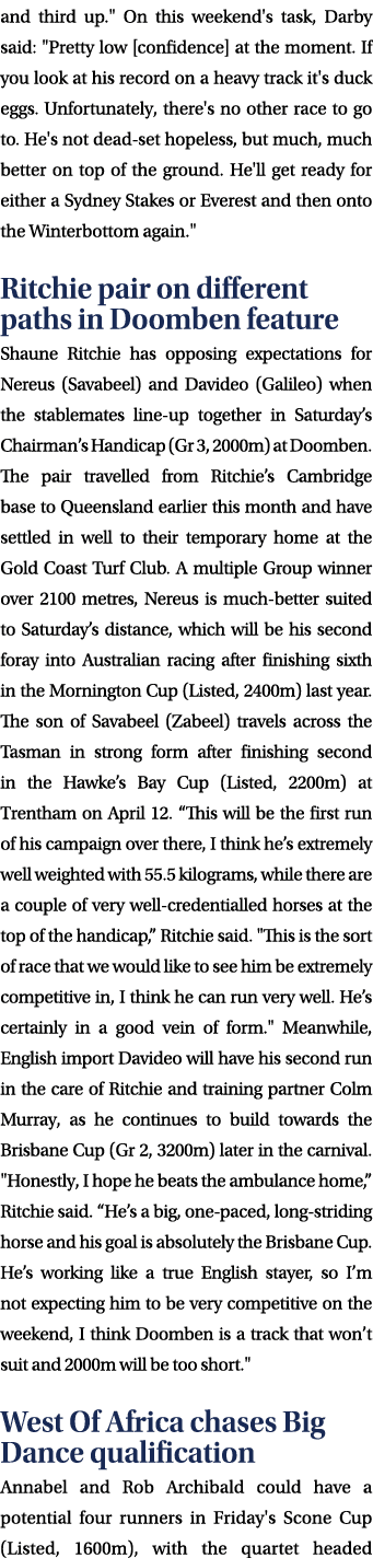 and third up.\“ On this weekend's task, Darby said: \"Pretty low [confidence] at the moment. If you look at his recor...