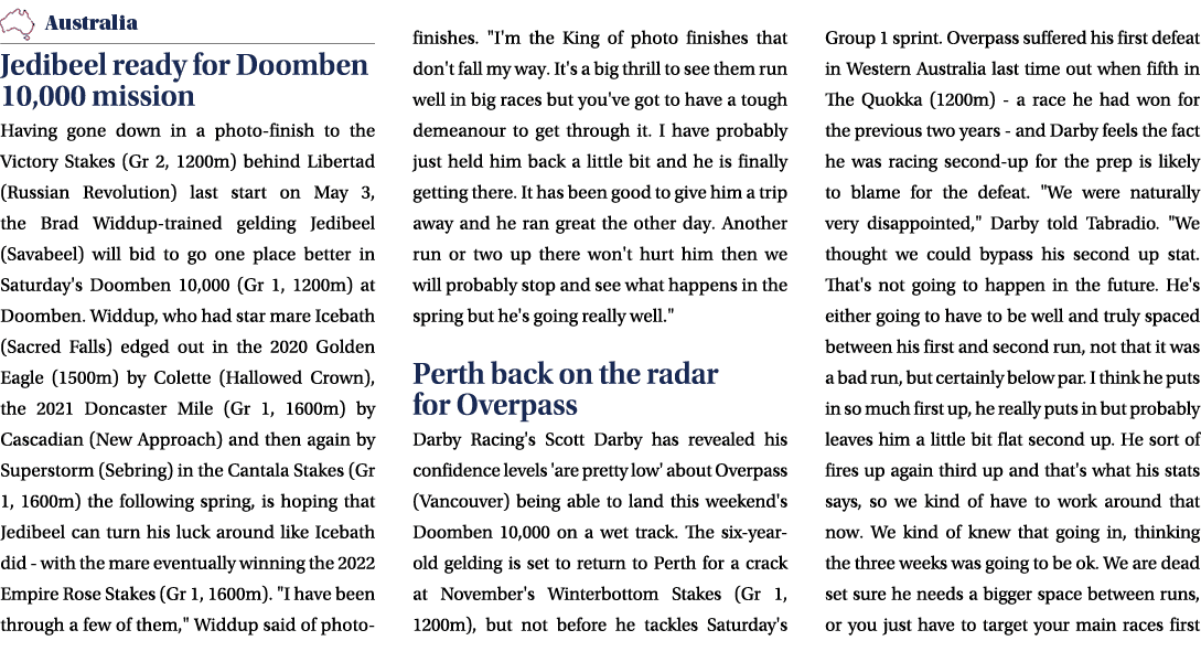 ￼ Jedibeel ready for Doomben 10,000 mission Having gone down in a photo finish to the Victory Stakes (Gr 2, 1200m) be...