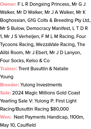 Owner: F L R Dongxing Princess, Mr G J Walker, Mr D Walker, Mr J A Walker, Mr K Boghossian, G1G Colts & Breeding Pty ...