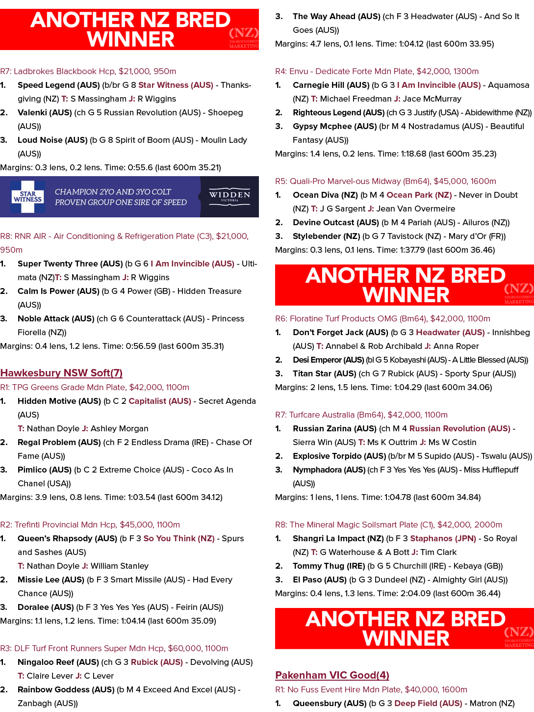 ￼ R7: Ladbrokes Blackbook Hcp, $21,000, 950m 1. Speed Legend (AUS) (b/br G 8 Star Witness (AUS) Thanksgiving (NZ) T: ...