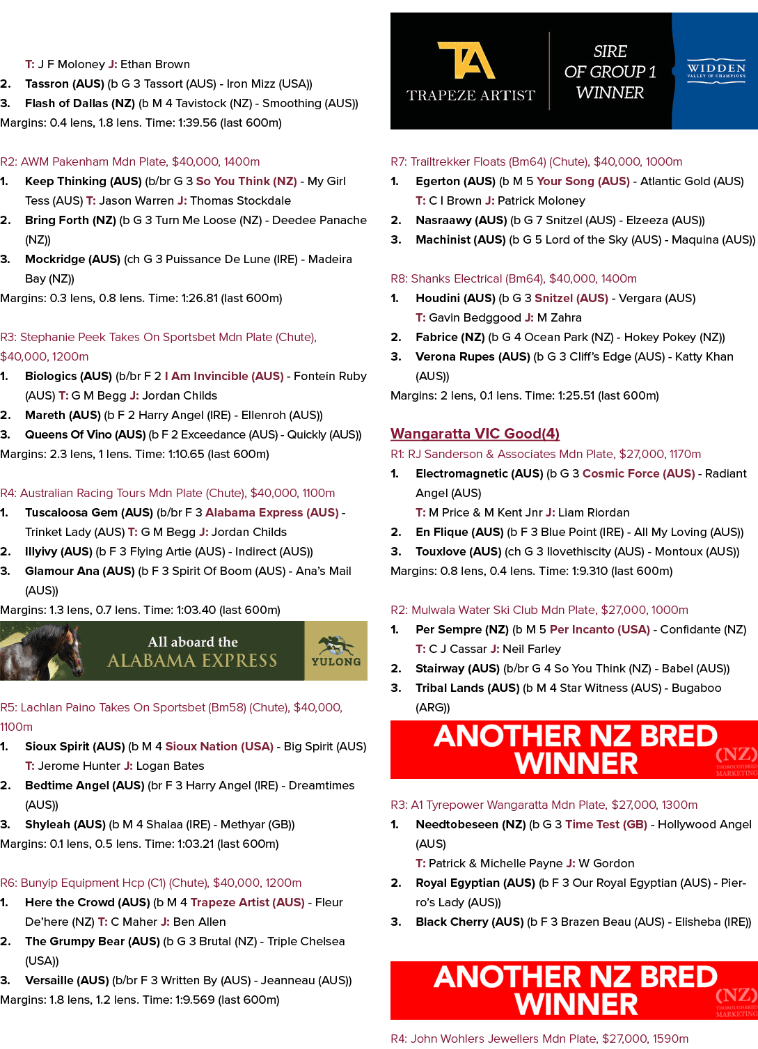 T: J F Moloney J: Ethan Brown 2. Tassron (AUS) (b G 3 Tassort (AUS) Iron Mizz (USA)) 3. Flash of Dallas (NZ) (b M 4 T...