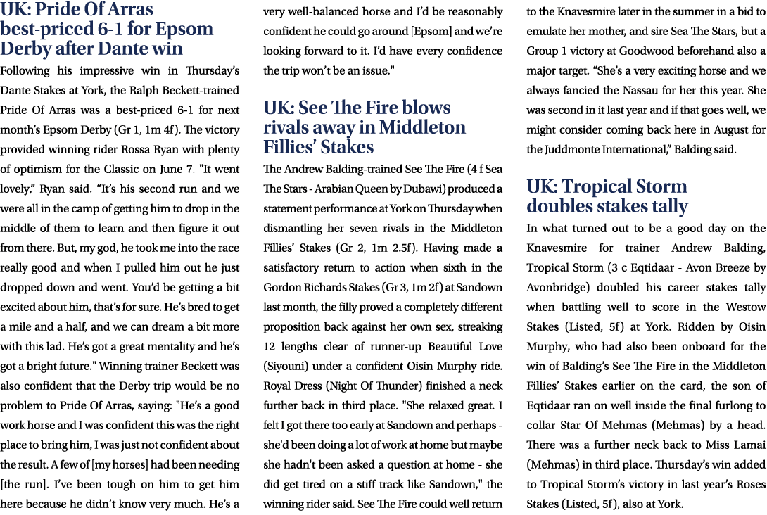 UK: Pride Of Arras best priced 6 1 for Epsom Derby after Dante win Following his impressive win in Thursday’s Dante S...