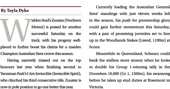 ￼ Widden Stud’s Zoustar (Northern Meteor) is poised for another successful Saturday on the track, with his progeny we...