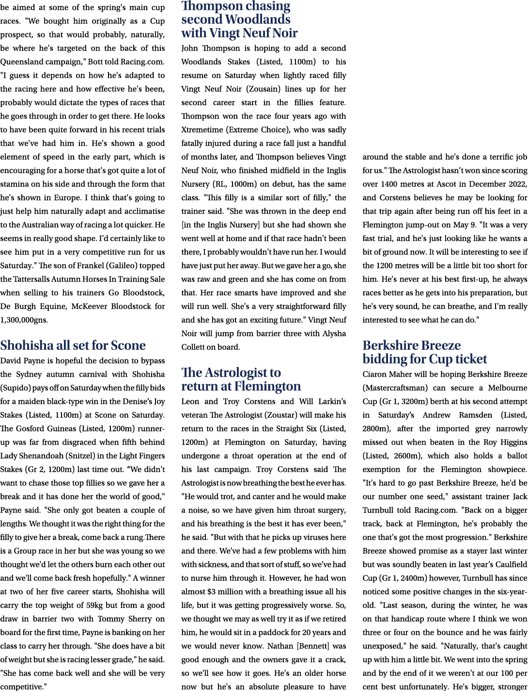 be aimed at some of the spring's main cup races. \“We bought him originally as a Cup prospect, so that would probably...