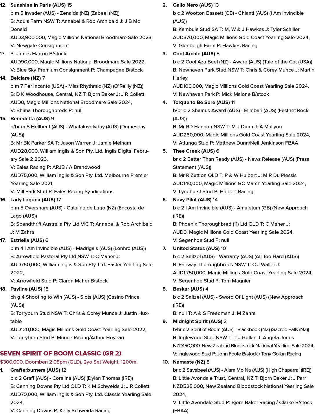 12. Sunshine in Paris (AUS) 15 b m 5 Invader (AUS) Zenaida (NZ) (Zabeel (NZ)) B: Aquis Farm NSW T: Annabel & Rob Arch...