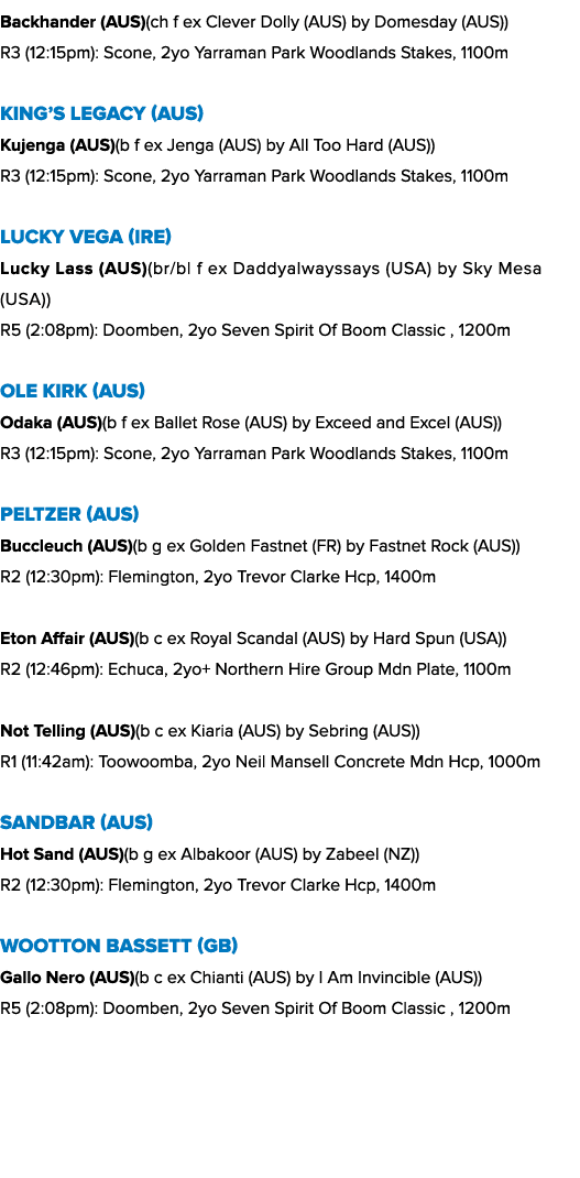 Backhander (AUS)(ch f ex Clever Dolly (AUS) by Domesday (AUS)) R3 (12:15pm): Scone, 2yo Yarraman Park Woodlands Stake...