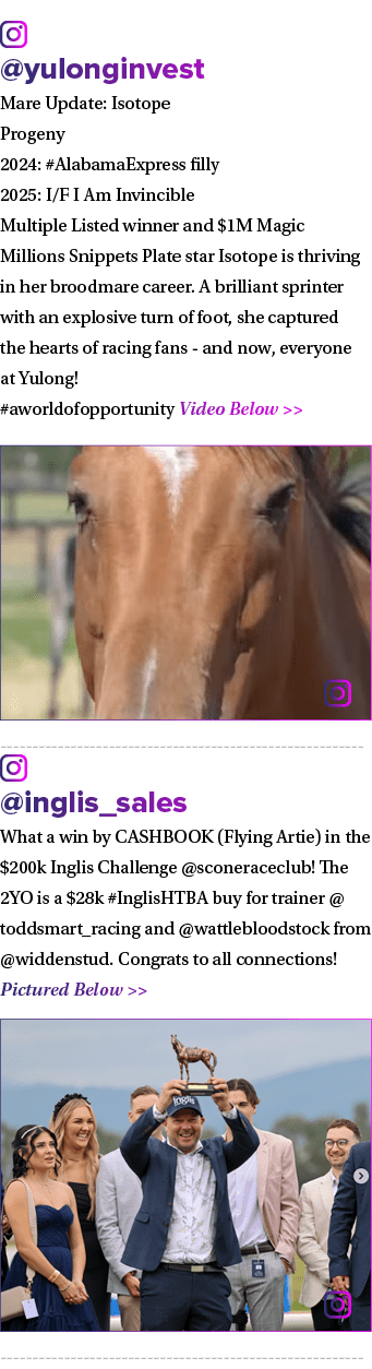 ￼ @yulonginvest Mare Update: Isotope Progeny 2024: #AlabamaExpress filly 2025: I/F I Am Invincible Multiple Listed wi...