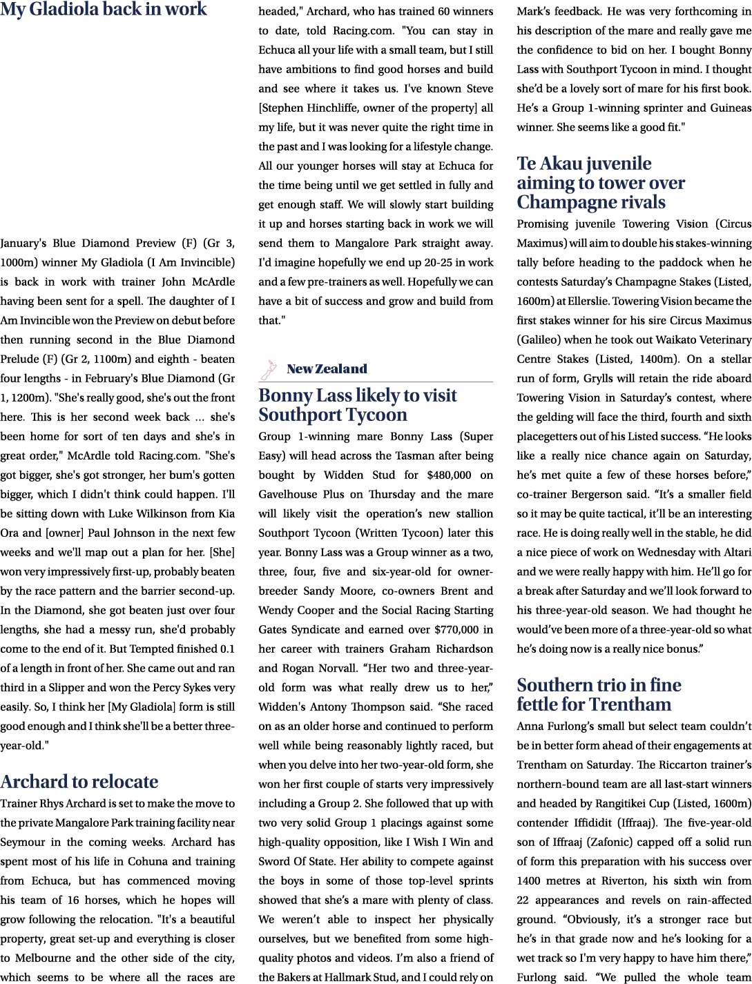 My Gladiola back in work January's Blue Diamond Preview (F) (Gr 3, 1000m) winner My Gladiola (I Am Invincible) is bac...