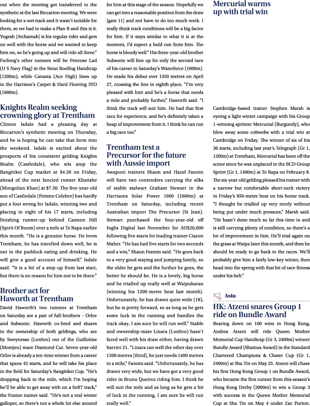 out when the meeting got transferred to the synthetic at the last Riccarton meeting. We were looking for a wet track ...